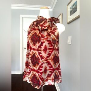Zara haltered sleeveless silk top with red and tan abstract mosaic print